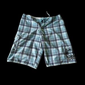 Quiksilver Mens Y2K Plaid Board Shorts Blue Graphic Cargo Pocket Size 34